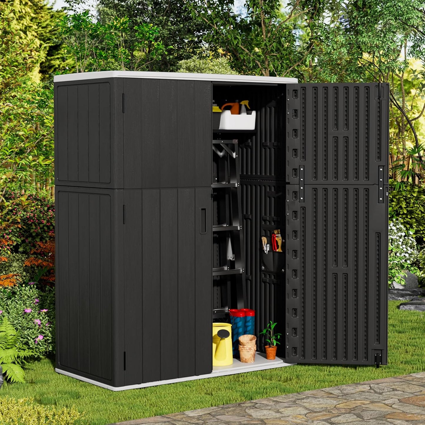 Vertical Outdoor Storage Cabinets, Plastic Sheds&Outdoor Storage with Floor,Outdoor Storage Box Waterproof/Lockable for Garage,Bike,Tools Storage Shed (57Cu.ft-Black White)