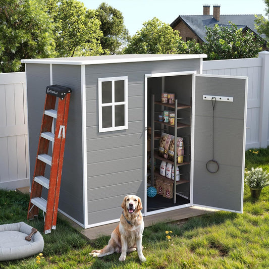 UDPATIO Resin Storage Shed 6 x 6 FT, Outdoor Garden Sheds with Floor Plastic Patio Outdoor Storage Shed with Lockable Door, Gray White