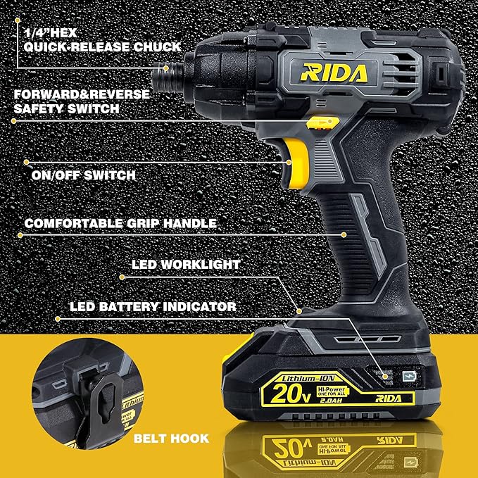 RIDA Impact Driver Kit 180Nm 20V Cordless Impact Drill/Driver Set 1/4" All-Metal Hex Chuck 0-2800RPM Variable Speed, 2000mAh Lithium-ion Battery & 1H Fast Charger, 25 Pcs Driver Bits and Tool Bag