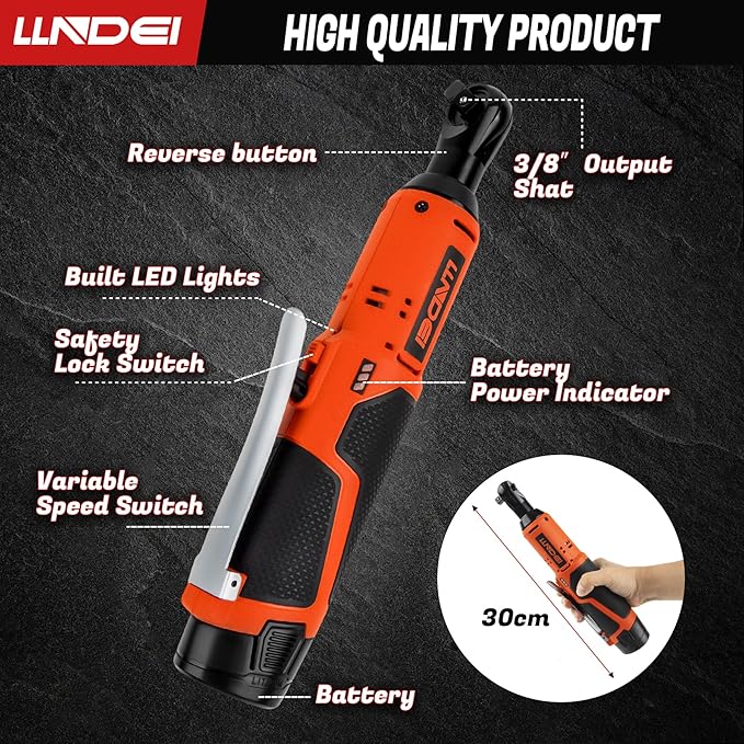 LLNDEI 3/8" 58Pcs Cordless Electric Ratchet Wrench Set with Socket Set,12V High Capacity Electric Wrench(40FT-LBS(55N.M)) with Adjustable Speed, LED Light for Battery.