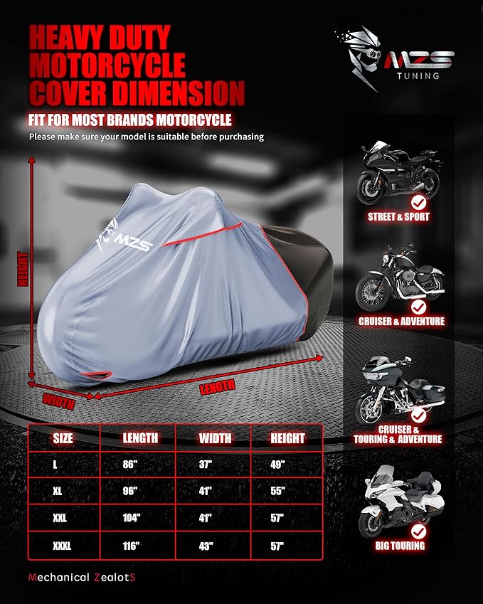 MZS Motorcycle Cover Waterproof Outdoor, Heavy Duty All Season Weather Sun Protection with Storage Bag Vents Night Reflective Cotton Lining Lock Holes fits up to 96" Motorcycles Vehicle Covers