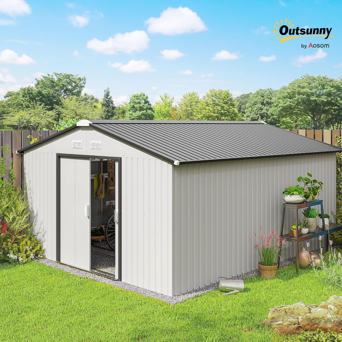 Outsunny 11' x 13' Outdoor Storage Shed, Garden Tool Metal Shed with Foundation Kit, Double Lockable Door, Air Vents and Sloping Roof, for Backyard, Patio, Lawn, White