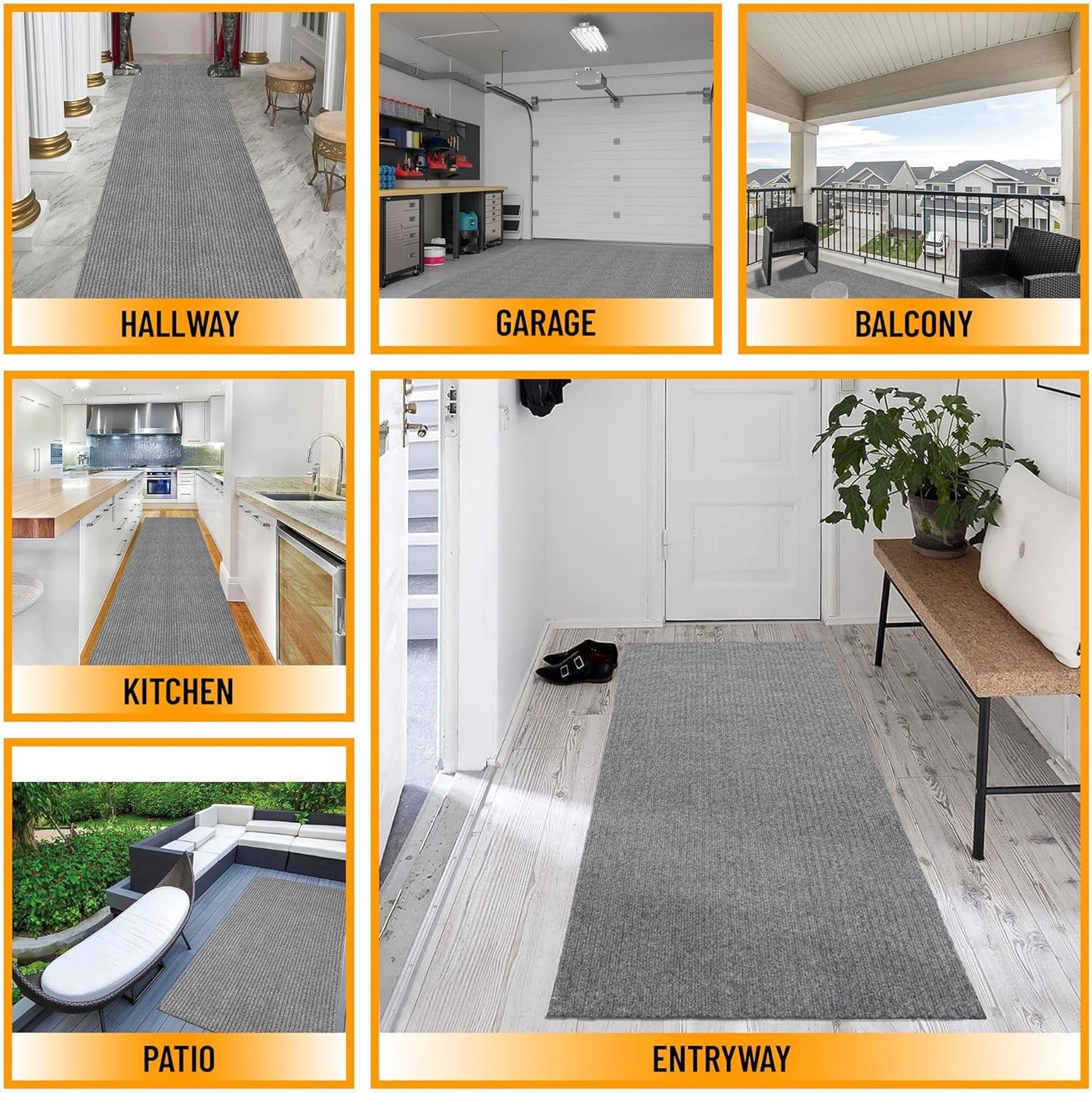 Ottomanson 2' x 20' Hallway Runner with Scraper Pile Extra Durable Non-Slip Rug Mat for Indoor & Outdoor Use - Ideal for Kitchen, Entryway, Patio & Garage - High-Traffic Carpet, Gray