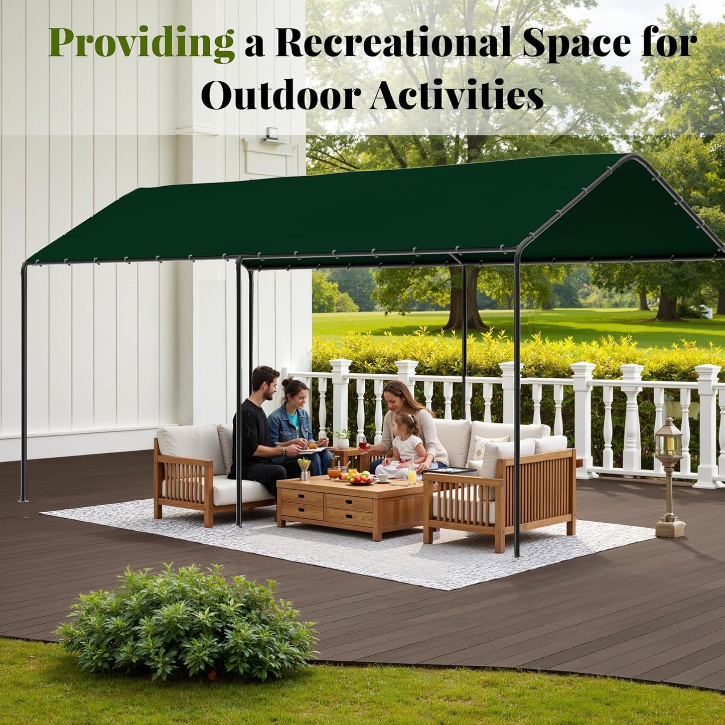 Carport, 10‘ x 20’ Heavy Duty Portable Garage All-Season Car Canopy w/Removable Sidewall & Doors, Carport Canopy Party Tent w/Water-Resistant Tarp for Backyard (Green, 10' x 20' /no Side)