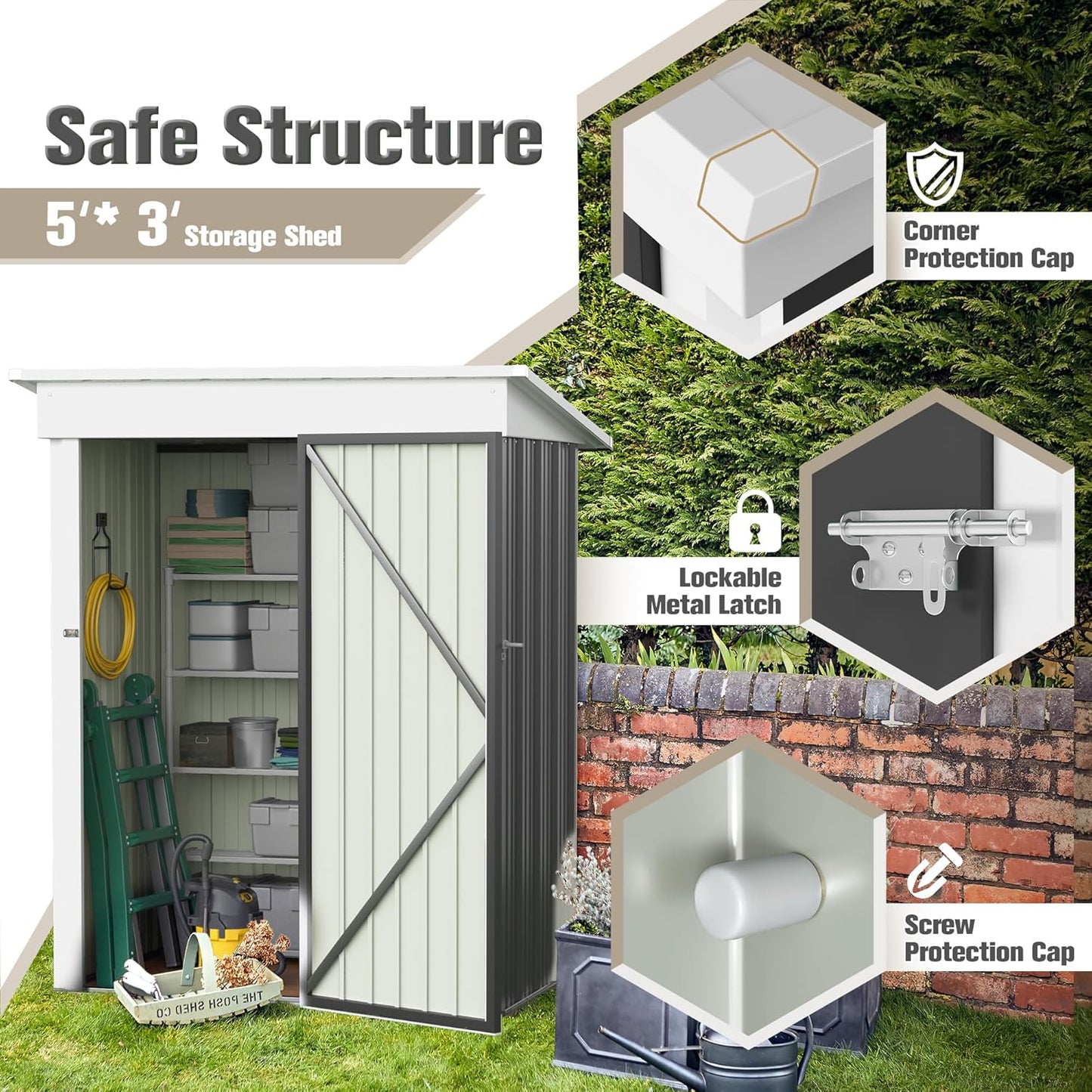 JUMMICO Metal Outdoor Storage Shed 5 x 3 FT Metal Shed with Lockable Door,Waterproof Garden Tool Shed Storage House for Backyard Patio Lawn,Grey