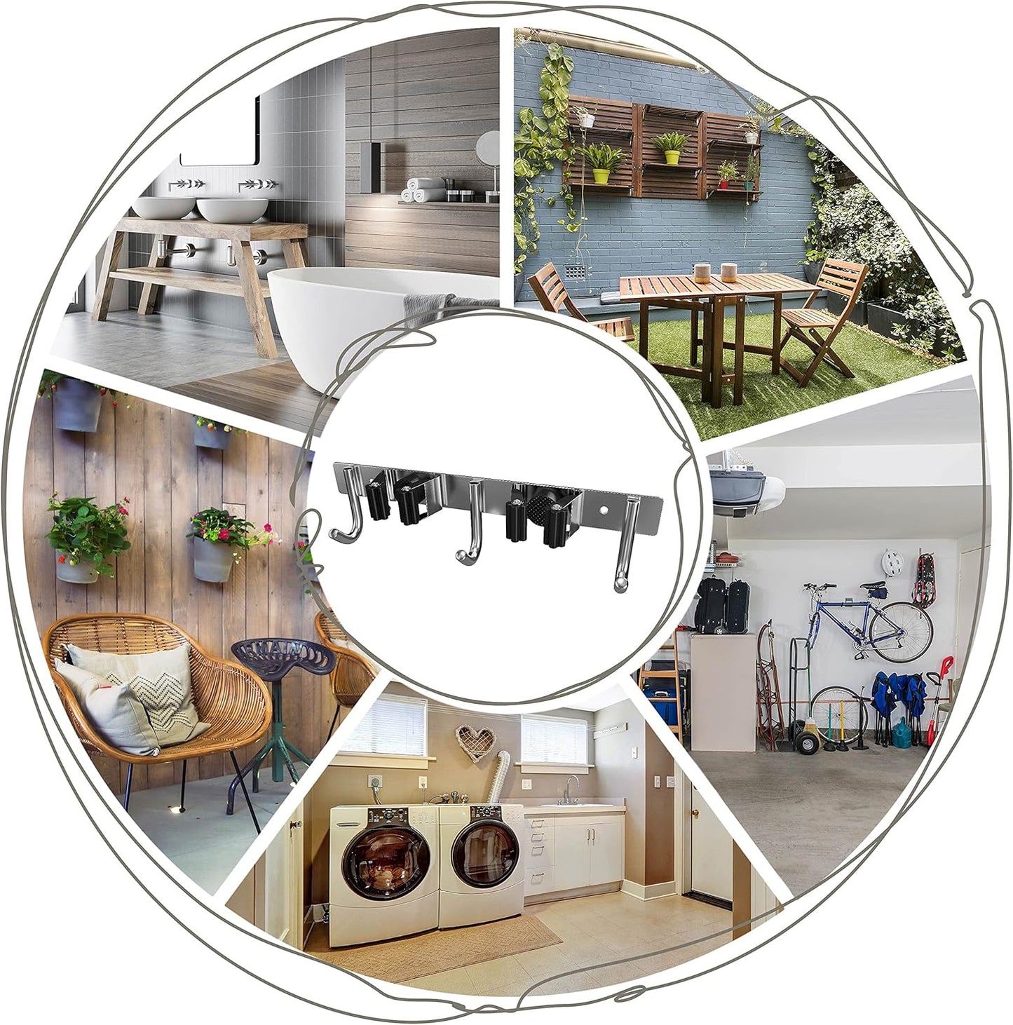 Heavy Duty Broom and Mop Holder Wall Mounted with 2 Rubber Grip Slots & 3 Utility Hooks – SUS304 Stainless Steel, Waterproof, Self Adhesive or Drill Mount, for Garage, Laundry, Kitchen Use, 2 Pcs