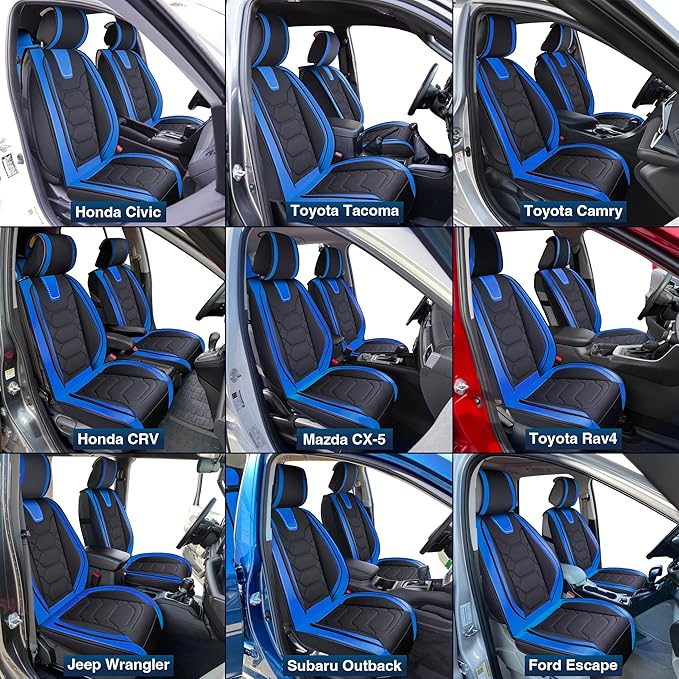 OASIS AUTO Car Seat Covers Full Set Premium Waterproof Faux Leather Cushion Universal Accessories Fit SUV Truck Sedan Automotive Vehicle Auto Interior Protector (OS-004 Black&Blue)