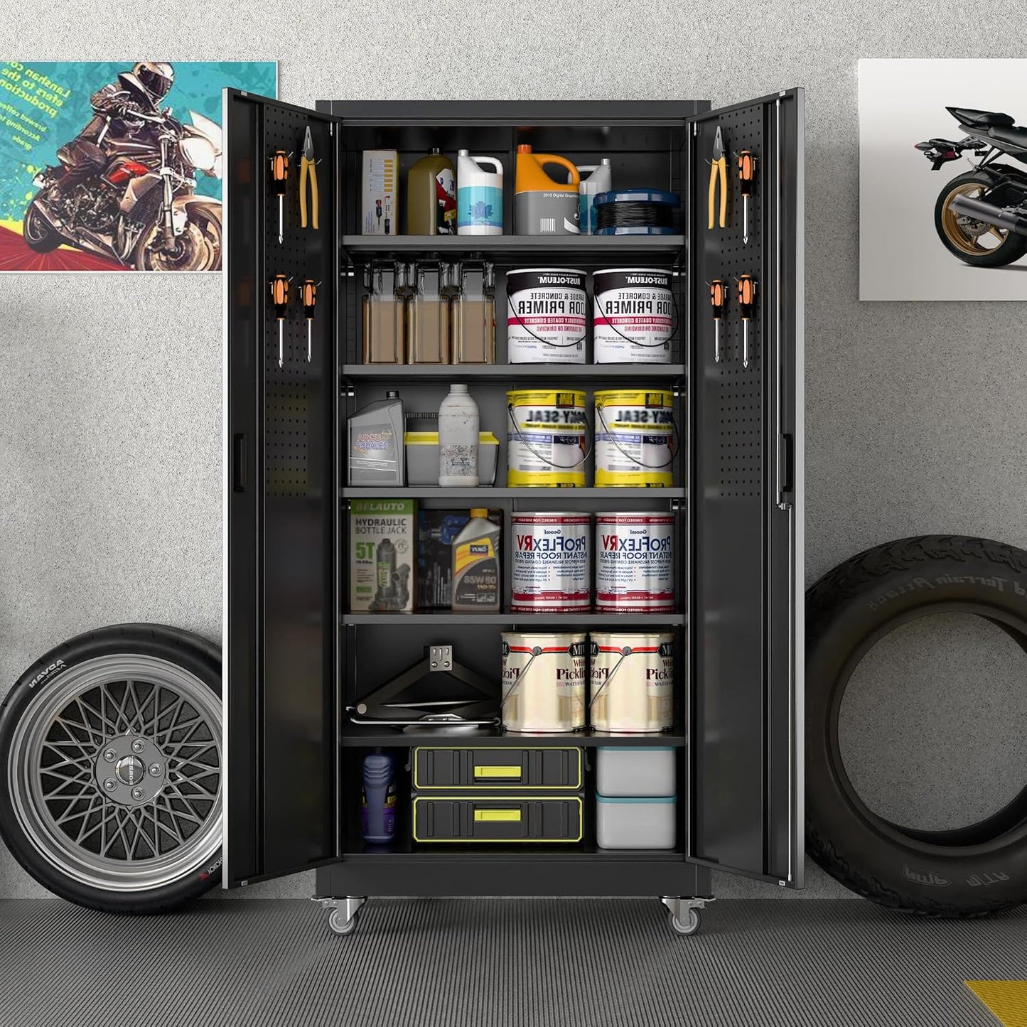 Garage Storage Cabinet with Wheels & Pegboard, 71" H×34" W×18" D Locking Metal Storage Cabinet with 2 Doors and 5 Adjustable Shelves for Garage Workshop Home, Black, Assembly Required