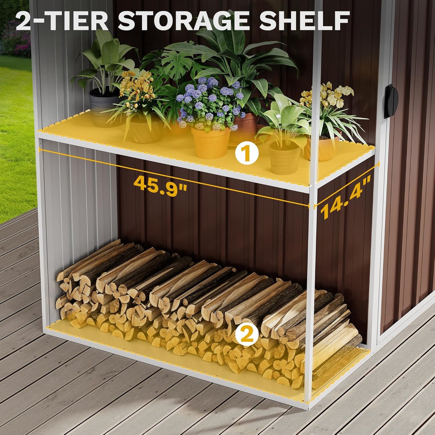 DWVO 8 x 4 ft Outdoor Storage Shed with 2-Tier Shelf, Metal Tool Shed & Garden Storage Cabinet for Backyard, Patio, Equipment & Bike, Brown