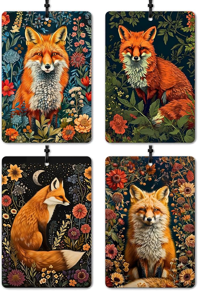 Boho Nature-Inspired Fox Illustration Card Car Air Freshener 4 Pcs,Rustic Farmhouse Woodland Animal Card Air Freshener Hanging for Cars Books Closet Drawer, Witchy Car Accessories for Women Men