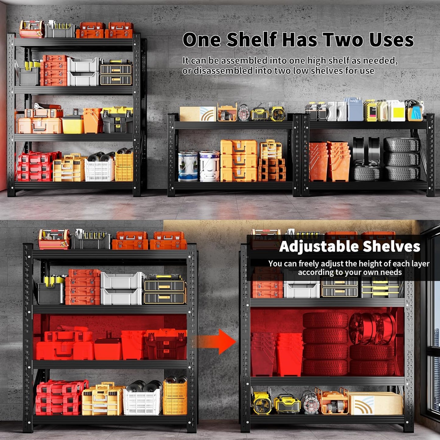 4000LBS Garage Shelving 48" W Garage Shelving Heavy Duty 4-Tier Metal Storage Shelves Adjustable Shelf Unit Storage Rack for Basement Supermarket Warehouse 48" W x 24" D x 78" H Black