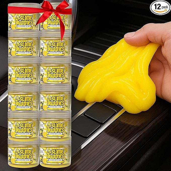 Slime Buddies Car Cleaning Gel Putty - 12 Pack Lemon Scented Interior Detailing Tool for Cup Holder, Air Vent & Keyboard - Reusable Auto Detailing Accessories - Dust Remover Goop - Gifts for Men Women