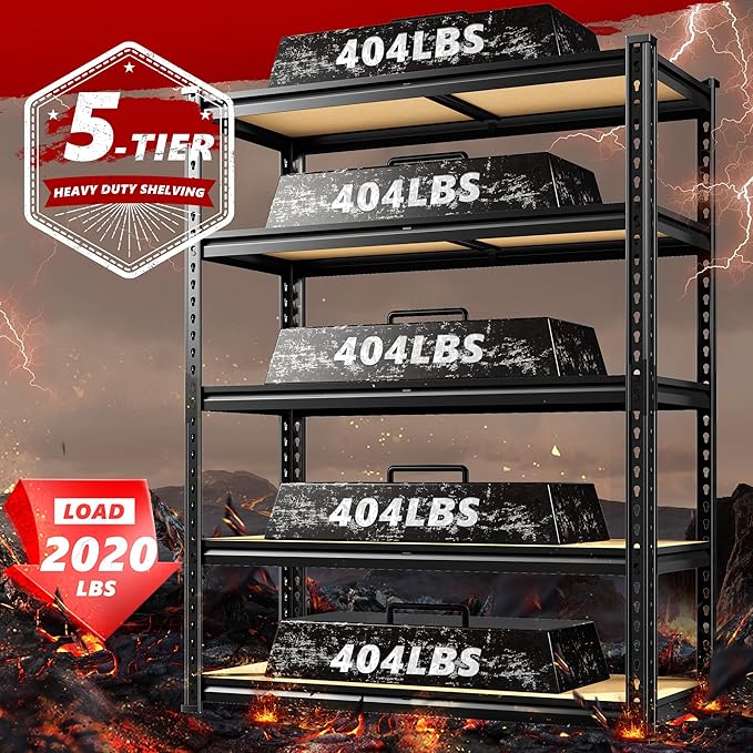 REIBII 2020LBS Storage Shelves 5 Tier Garage Shelving Heavy Duty Adjustable Garage Shelves, Utility Rack Shelf, Shelving Units for Storage Warehouse Pantry Closet, 35.5" W x 11.9" D x 72" H, Black
