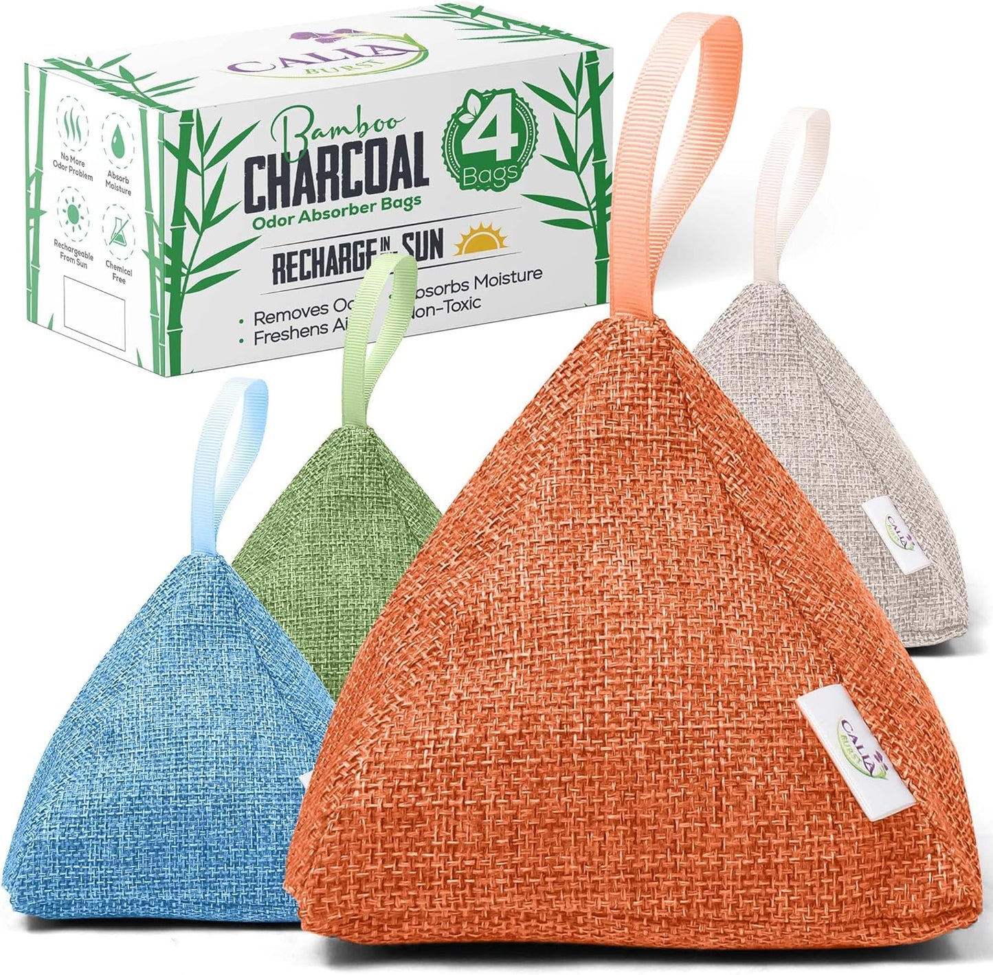4 Pack Bamboo Charcoal Air Purifier Bags 200 Grams Each - Odor Absorber & Eliminator for Home, Car, Pets, Activated Charcoal Natural Freshener, Eco-Friendly & Reusable (Fresh Colors)