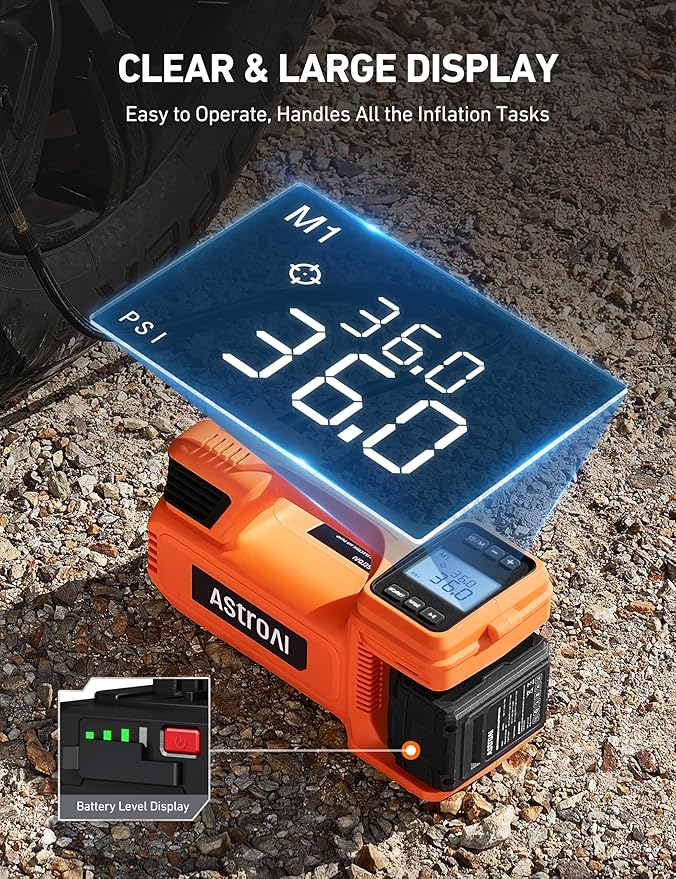 AstroAI TC4 Portable Air Compressor Tire Inflator, 470W 18V Cordless Air Pump for Truck Tires with 4000mAh Battery, 150PSI Heavy Duty Air Compressor with Digital Display for Car, RVs, SUV Gift Orange