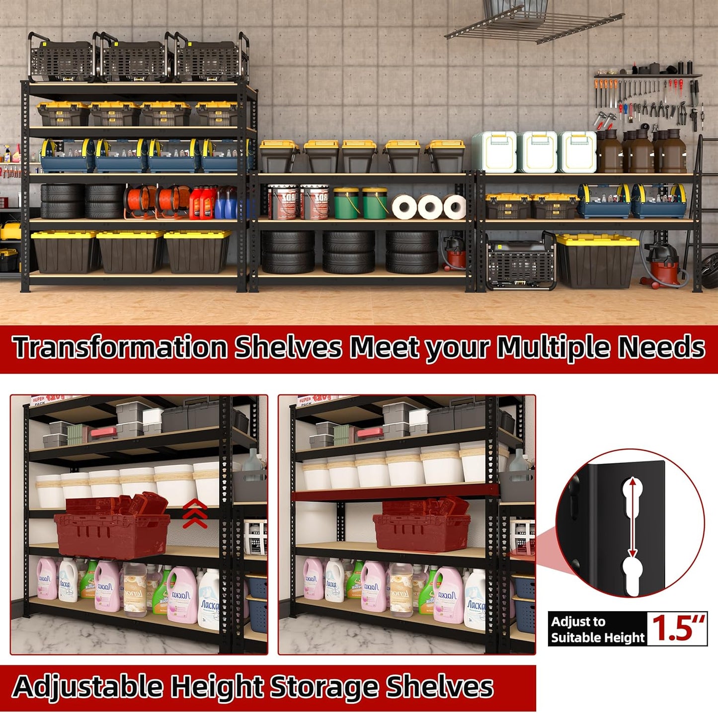 4 Packs 48" W x 24" D x 72" H Adjustable Garage Storage Shelves - 5-Shelf Heavy Duty Shelving Unit, Metal Utility Storage Organizer Racks for Warehouse Pantry Closet Kitchen, Black