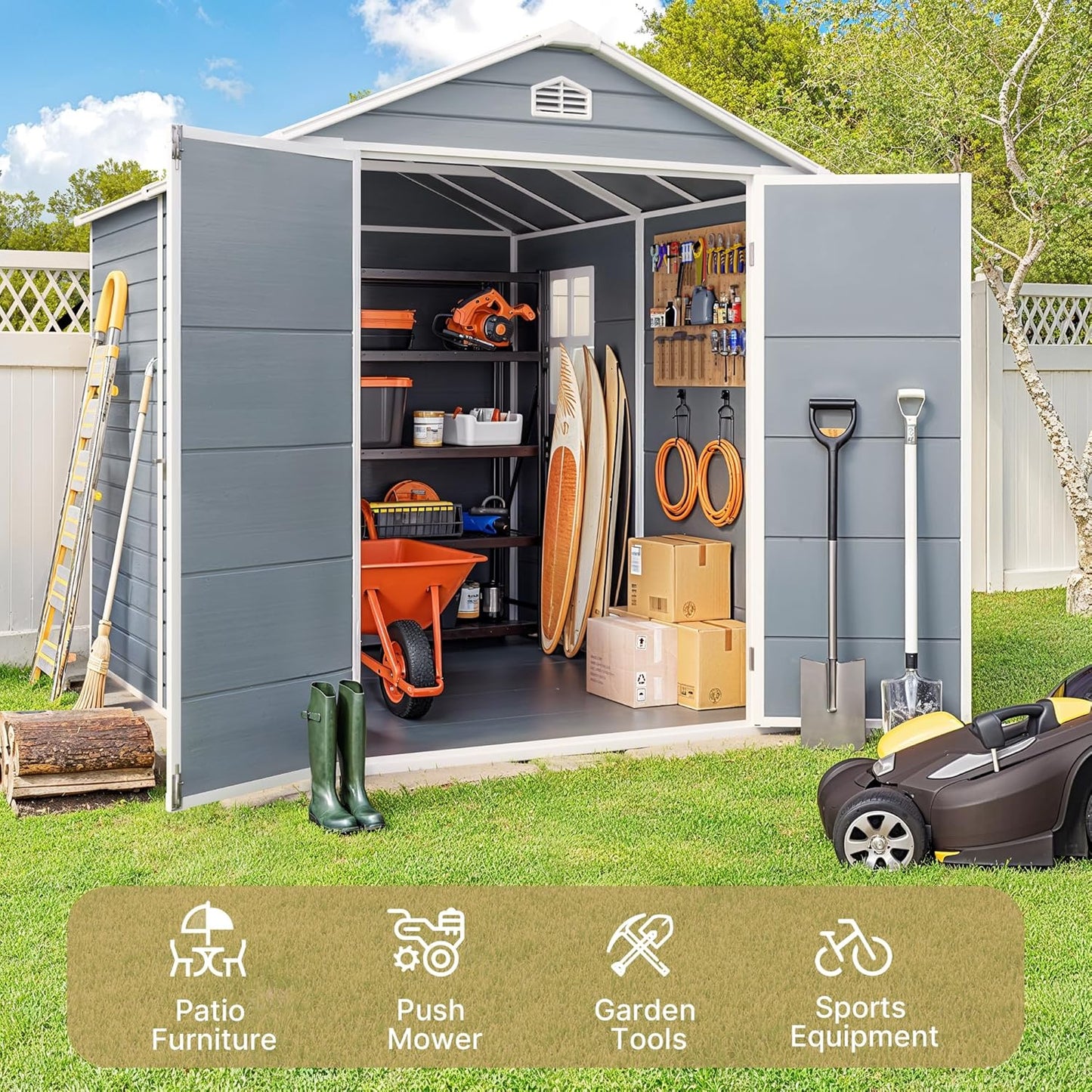 Gizoon 8x6 FT Outdoor Storage Shed with Floor, Resin Garden Tool Shed with Lockable Doors, Window, Vents, Reinforced Steel Frame, Waterproof Plastic Storage Sheds for Backyard, Patio, Lawn