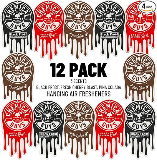 Chemical Guys Hanging Air Freshener, Variety Scent Pack 12 Pack, Great for Cars, Trucks, SUVs, RVs, Home, Garage, Workspace, Dorm Room & More (4 x 3 Packs, Black Frost, Cherry, Pina Colada) - AIR40404