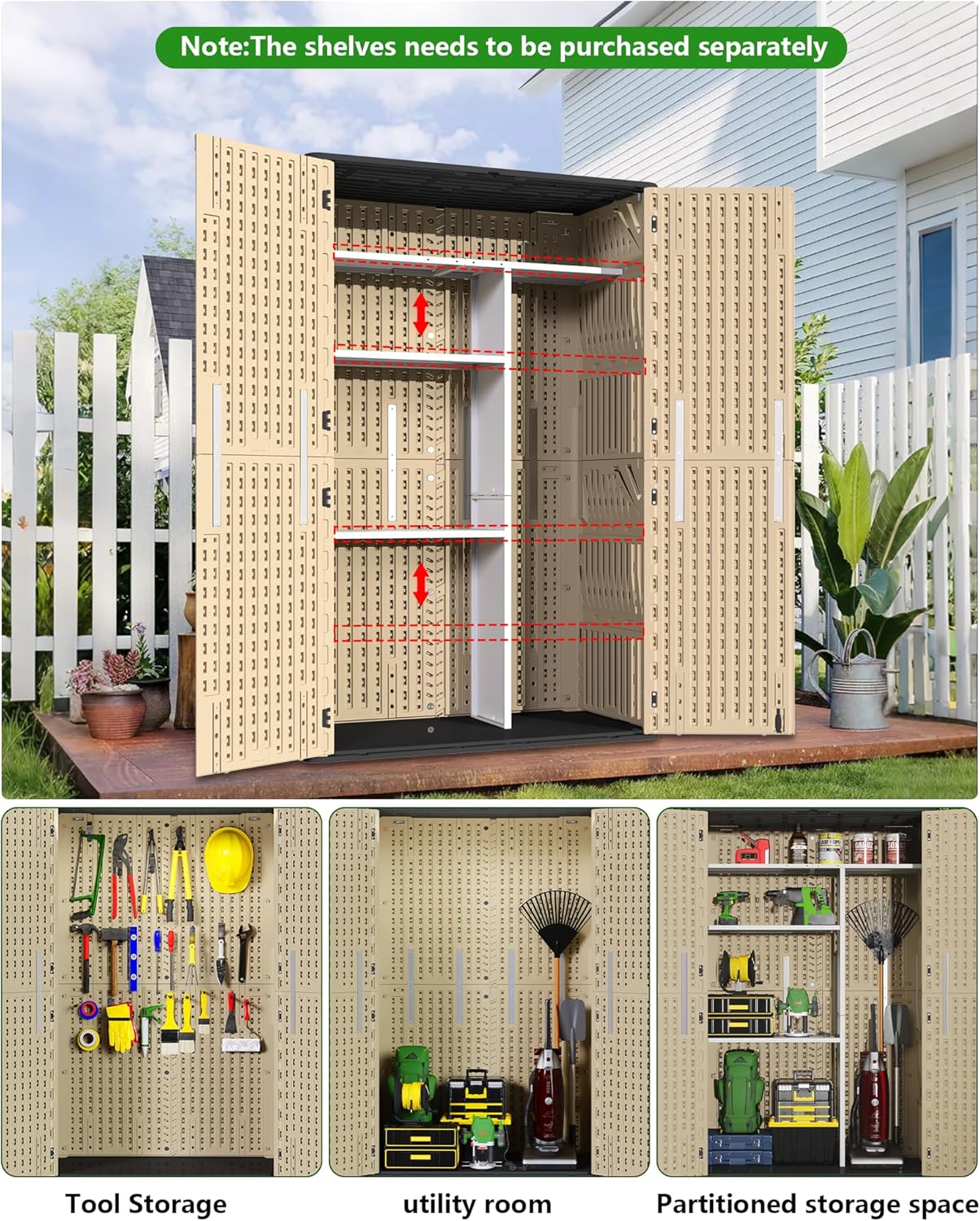 60 Cu.Ft Vertical Outdoor Storage Shed, Weatherproof Outdoor Tall Cabinet, Lockable Resin Shed with Double-Wall Panels and Floor for Garden, Garage, Patio(Shelves Not Included)
