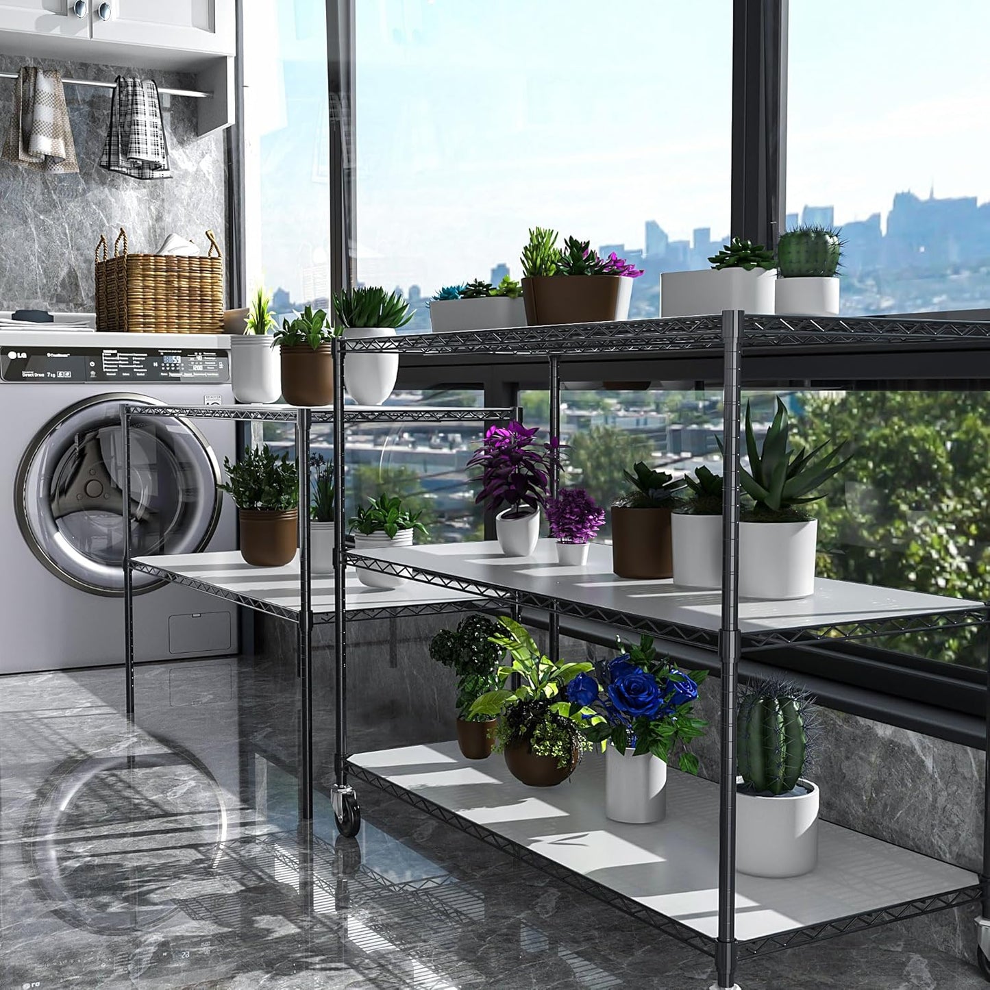 pouseayar Black 5 Tier Shelf Wire Shelving Unit, 6000lbs Capacity NSF Metal Heavy Duty Adjustable Storage Rack with Wheels & Shelf Liners, 82" H x 48" L x 24" D