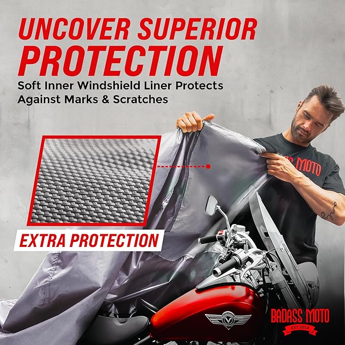 Badass Moto Ultimate Motorcycle Cover For Harley Davidson Street Glide Cover, All Season Harley Motorcycle Cover Waterproof Outdoor Storage Cover For Harley Davidson Bike Cover Road Glide. Gray, Large