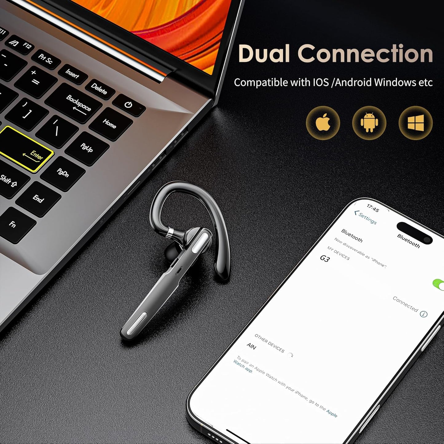 Bluetooth Headset, Wireless Bluetooth Earpiece V5.0 Hands-Free Earphones with Built-in Mic for Driving/Business/Office, Compatible with iPhone and Android (Gray)