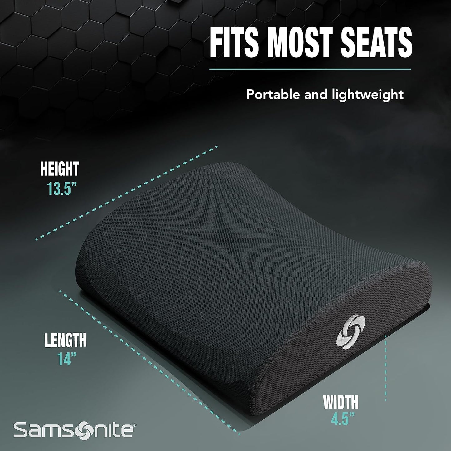 SAMSONITE Lumbar Support Pillow For Office Chair and Car Seat, Perfectly Balanced Memory Foam , Versatile Use Lower Back Cushion