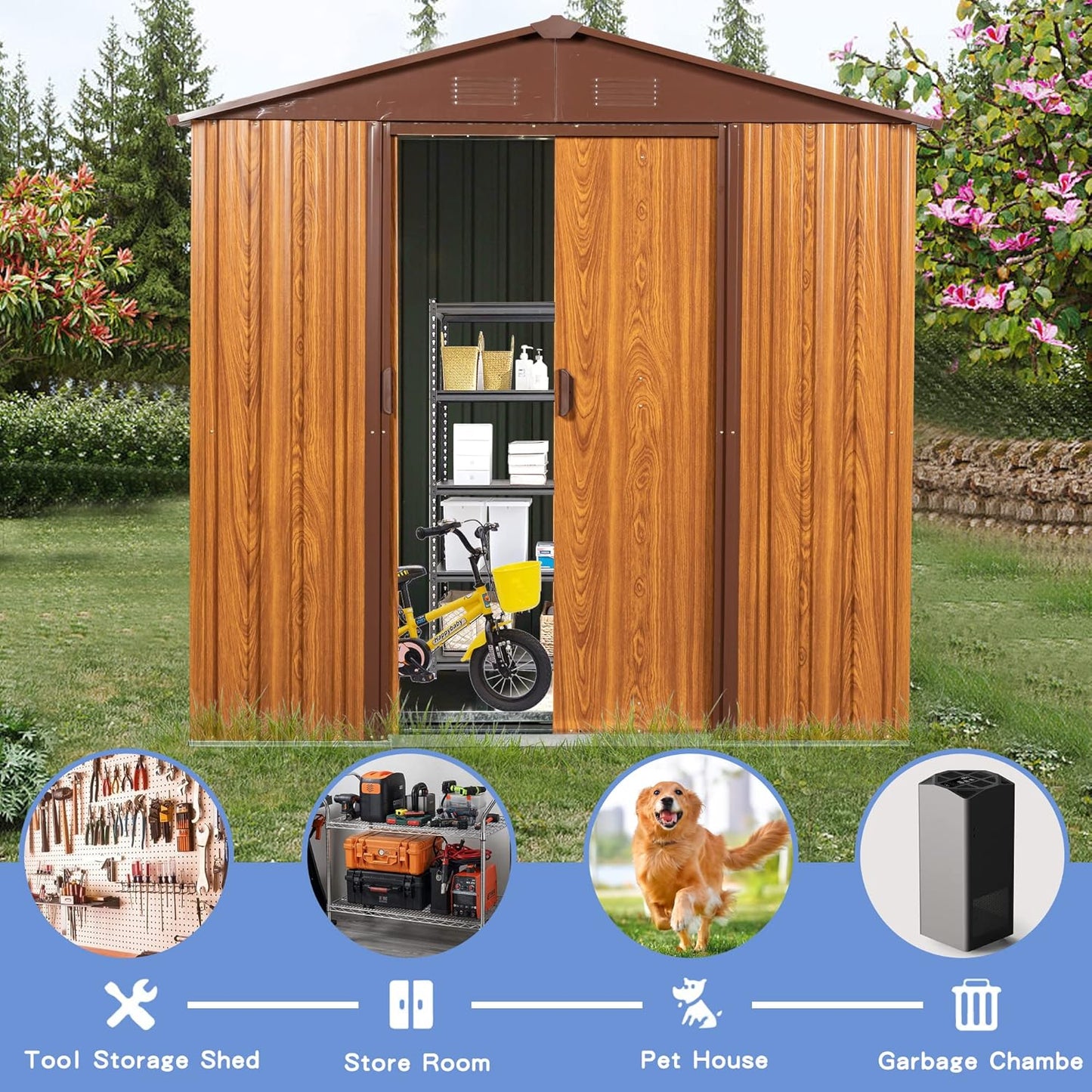 6x6 FT Outdoor Storage Shed, Metal Garden Shed with Frame Floor, Outside Tool Shed with Lockable Sliding Doors, Waterproof Storage Building with Sloped Roof for Backyard, Patio, Lawn, Coffee
