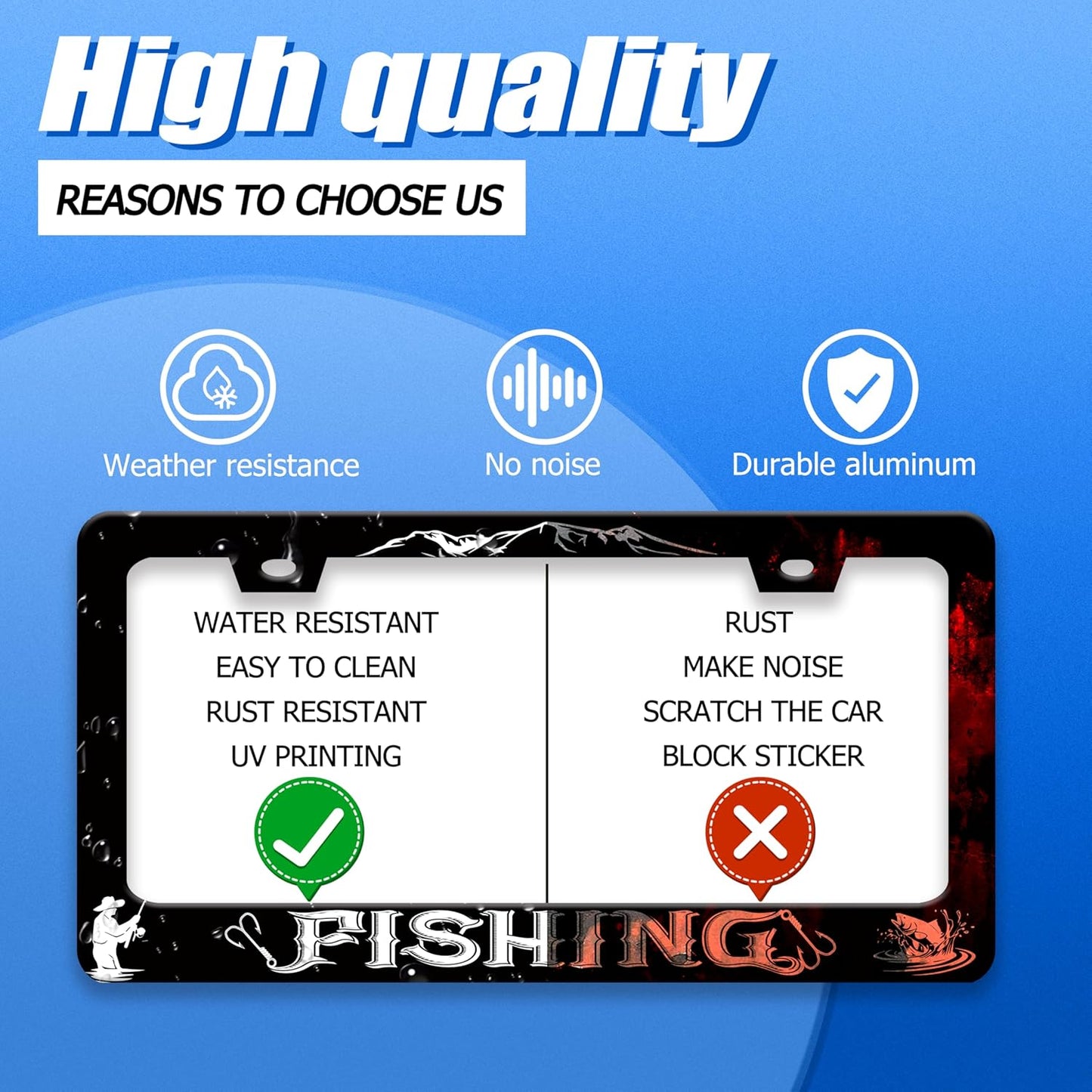 Fishing License Plate Frame Personalised License Plate Stainless Steel Funny Fish License Plate Holder for Men Women Universal Black Car Accessories Decoration 12.3" x 6.3"