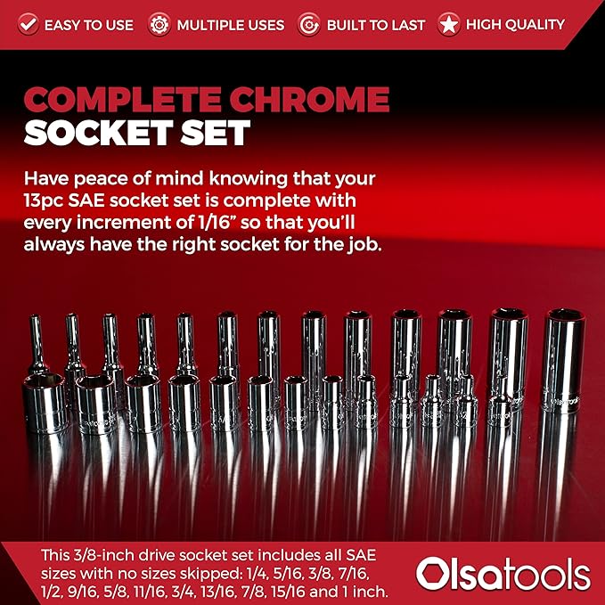 Olsa Tools SAE Shallow Socket Set - 3/8-Inch Drive, 13pc - 6-Point Chrome Sockets 1/4" to 1" and No Skipped Sizes - Mechanic Shallow SAE Socket Set - Professional Grade Short Sockets - Part: 1333