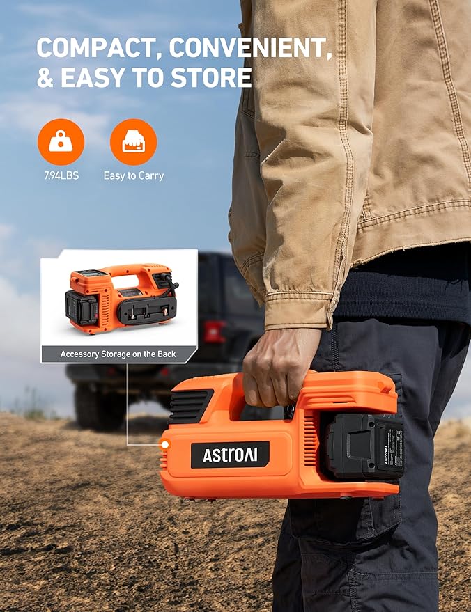 AstroAI TC4 Portable Air Compressor Tire Inflator, 470W 18V Cordless Air Pump for Truck Tires with 4000mAh Battery, 150PSI Heavy Duty Air Compressor with Digital Display for Car, RVs, SUV Gift Orange