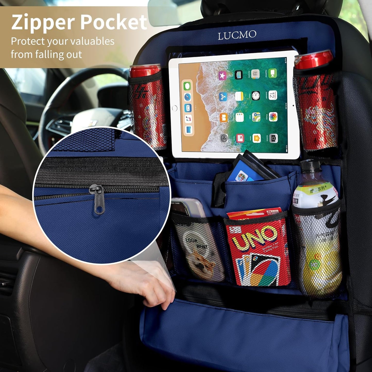 LUCMO Car Backseat Organizer with Touch Screen Tablet Holder-2 Pcs,9 Storage Pockets Car Storage Organizer Protectors Kick Mats Travel Accessories for Kids-Dark Blue