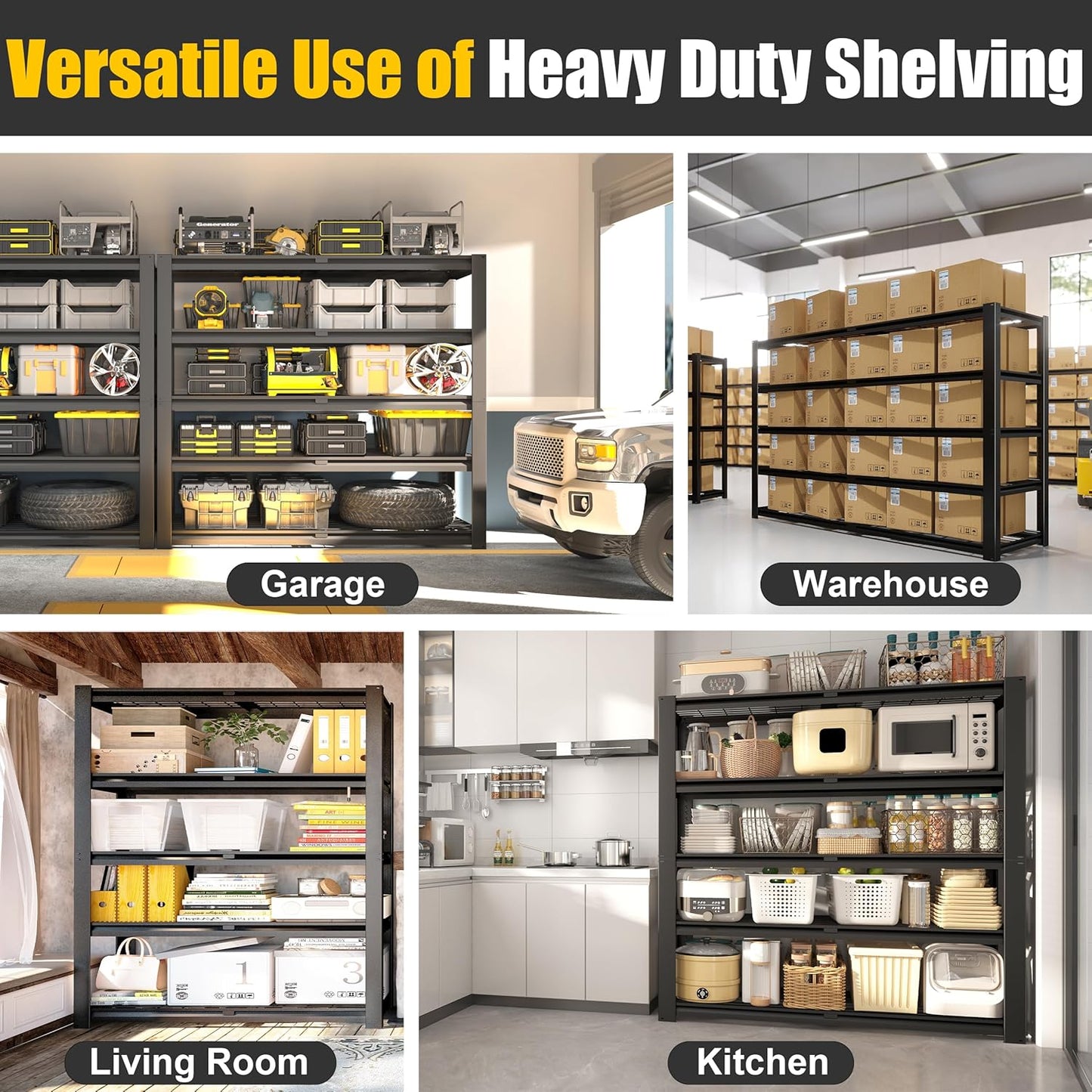 PrimeZone Heavy Duty Storage Shelves - 48" W X 18" D X 72" H Adjustable Garage Wire Shelving Unit, 5 Tier Industrial Metal Shelf Standing Utility Rack for Warehouse, Pantry, Basement, Black