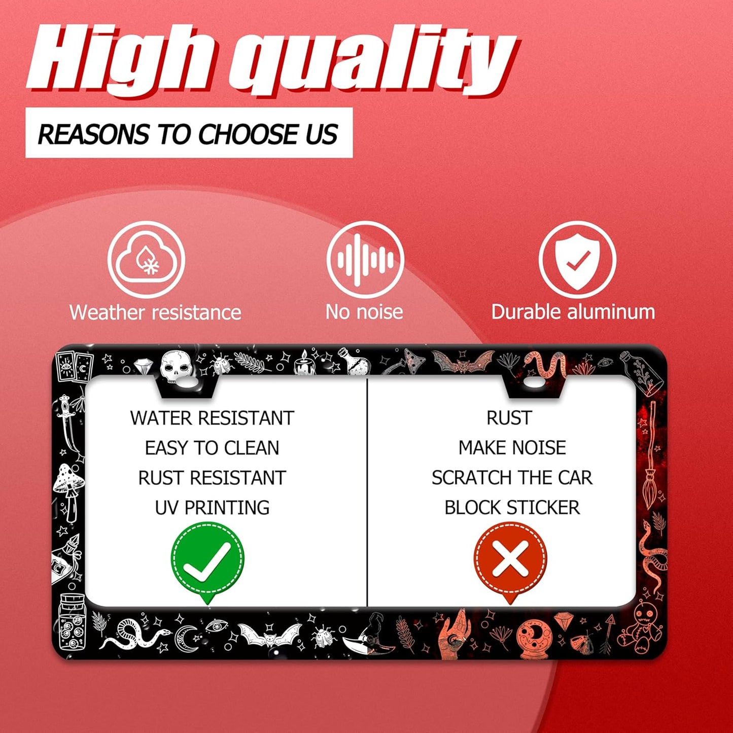 Witch License Plate Frame Gothic Magical License Plate Frames for Car Decorative Parts Stainless Stee License Plate for Standard Us Canada Funny License Plate Holder 12x6 Inch