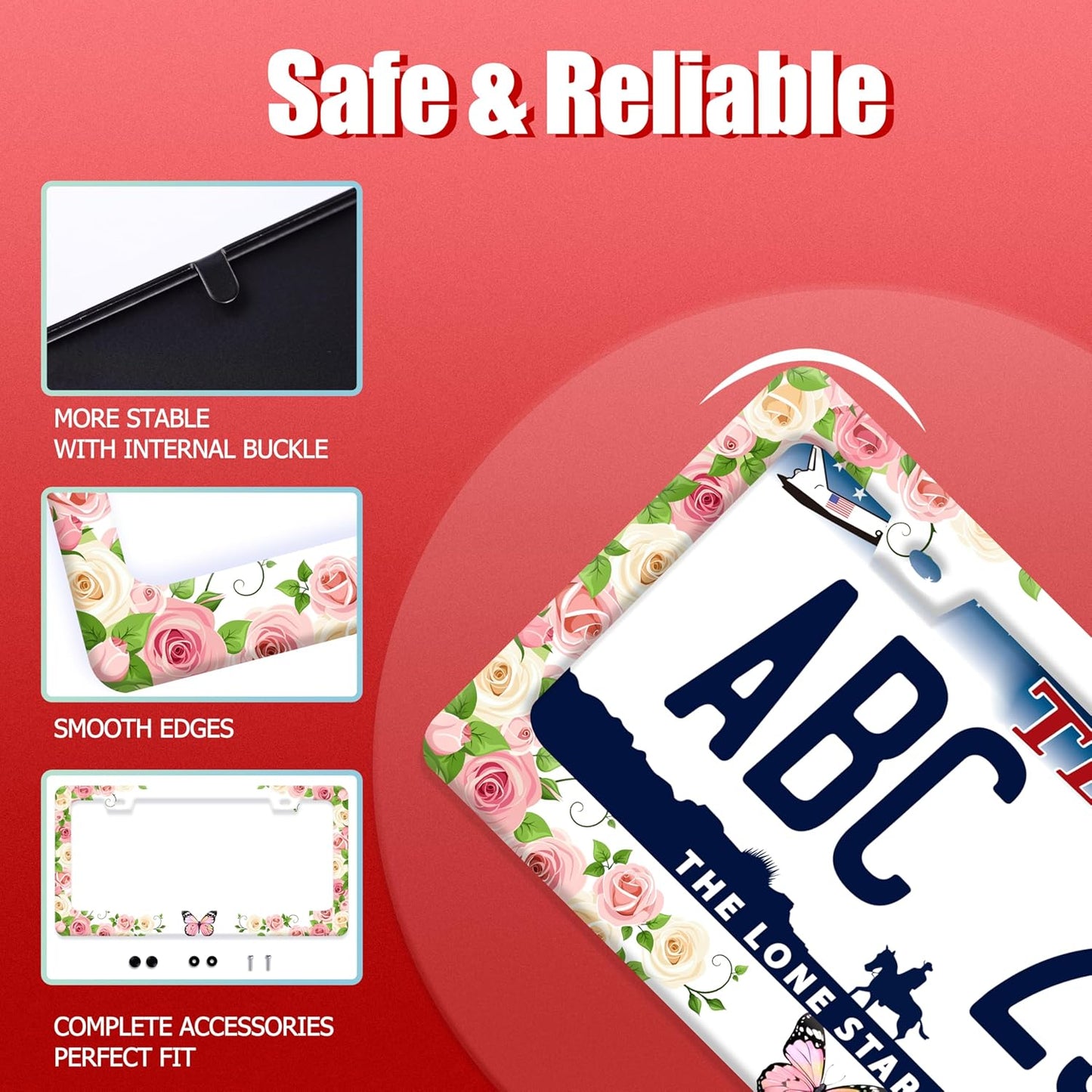 Pink Butterfly License Plate Frame Rose Flowers Floral License Plate Holder Colorful Auto Accessories for Women 6x12 Inch