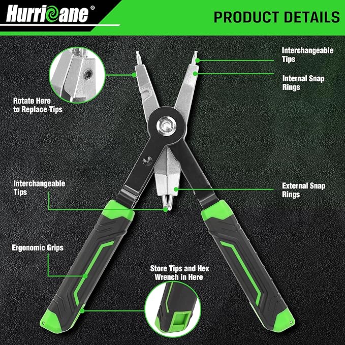HURRICANE 8" Quick Turn Snap Ring Pliers with Interchangeable Tips, Straight and 90° Curved Tips, HRC40-45 Hardness, Includes 4 Pairs of Tips for Precision Work, Ideal for Car Repair & Construction