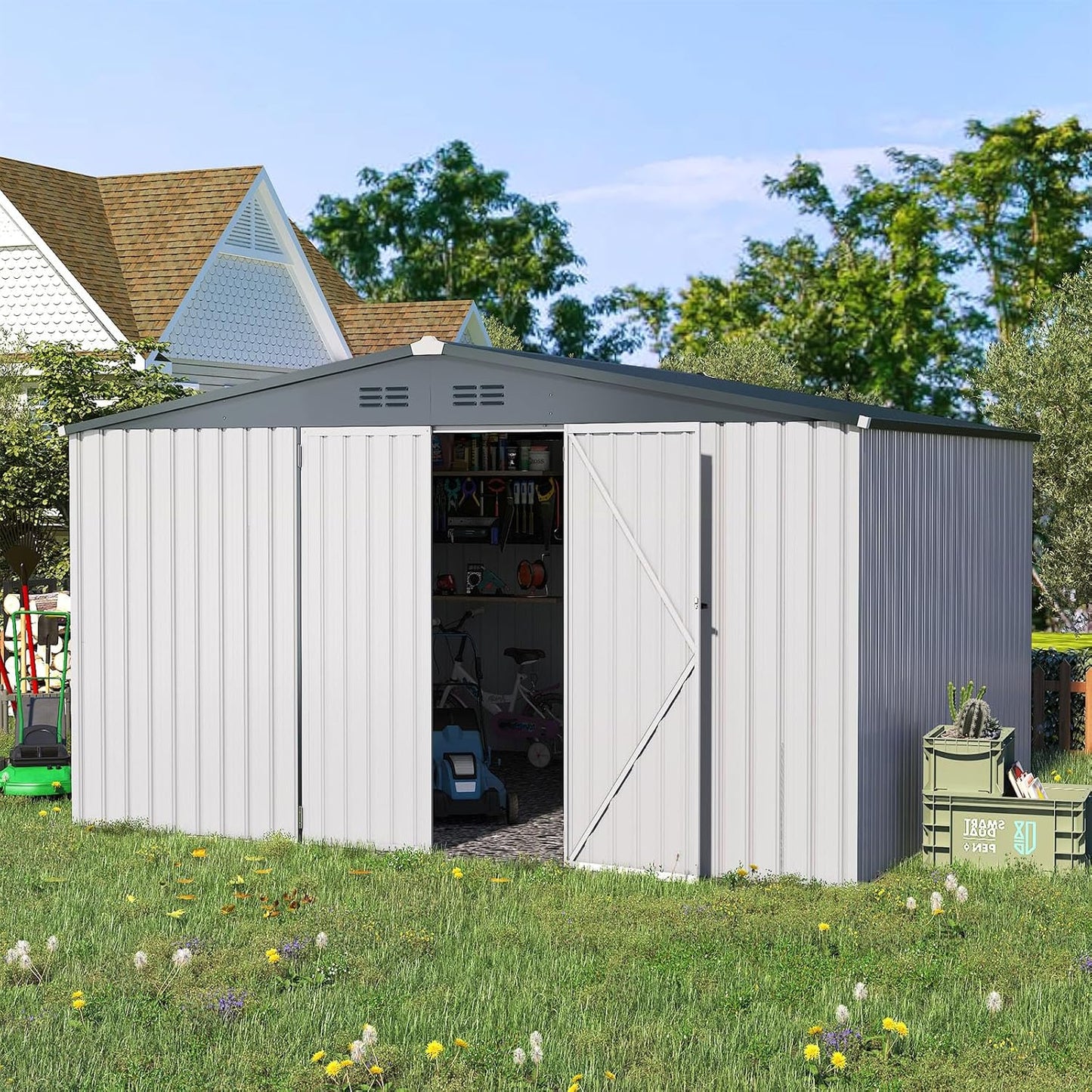 AECOJOY Shed 12' x 10' Storage Shed Large, Sheds & Outdoor Storage Clearance 10x12 Sheds with Lockable Doors, Utility and Tool Storage Shed for Garden, Backyard, Patio, Outside use in White