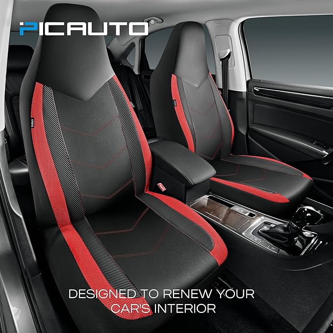 PIC AUTO Leather Car Seat Covers, Sports Carbon Fiber & Mesh Design, High-Back Two Front Set, Waterproof Automotive Seat Covers, Airbag Compatible, Universal Fit for Most Cars (Black & Red)