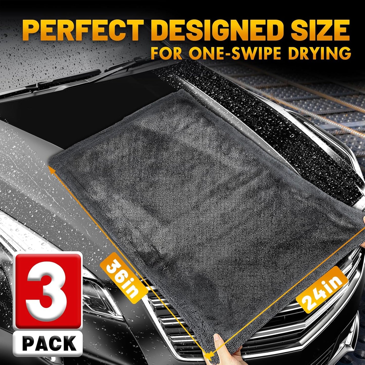 Microfiber Towels for Cars, 3 Pack Dual Sided Drying Towels Car Detailing， 1200GSM Car Drying Towel(24″x 36″), Ultra Absorbent Car Cleaning Towel, No Streak or Scratch, Machine Washable