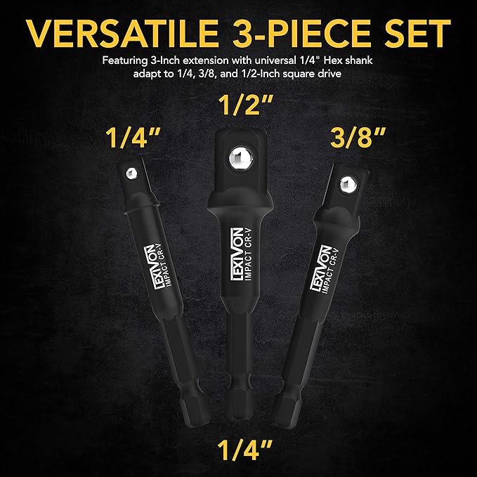 LEXIVON 6-Piece Impact Grade Socket Adapter Set - 3" & 6" Extension Bit With Holder | 1/4", 3/8", and 1/2" Drive, Adapt Your Power Drill To High Torque Impact Wrench (LX-105)