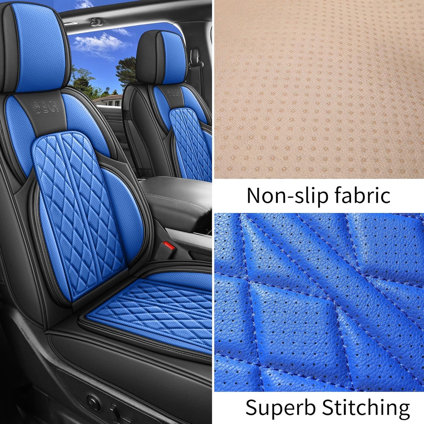 Car Seat Cover Custom Fit for Dodge Ram 1500 2500 3500 2002-2024 Faux Leather Seat Cover Set Compatible with Crew Quad Regular Cab Pickup Truck Cushions (Black & Blue, Full Set, Curved Rear)
