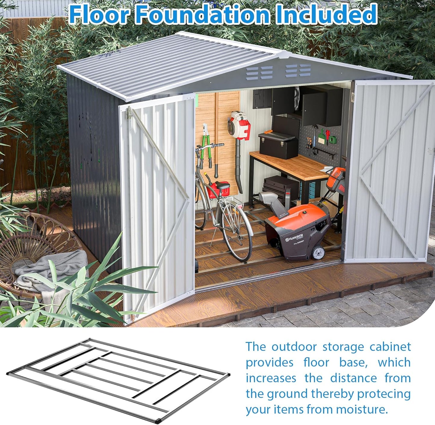 Outdoor Storage Shed,8X6 FT Metal Garden Shed with Lockable Doors & Slooping Roof,Updated Reinforced Door,Tool/Bike Sheds for Backyard, Patio, Poolside,Garage