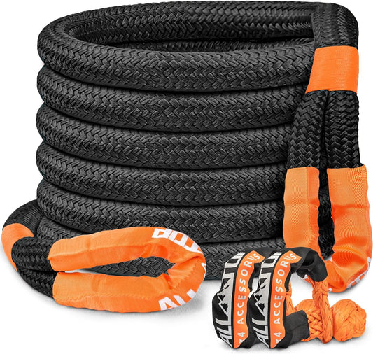 ALL-TOP Kinetic Recovery Rope Kit w/ 2 Soft Shackles, 83000Lbs, 1.5in x 30ft, Heavy Duty 30+% Elasticity, 27600Lbs Work Load Limit for 4x4 Offroad Vehicle(Black)
