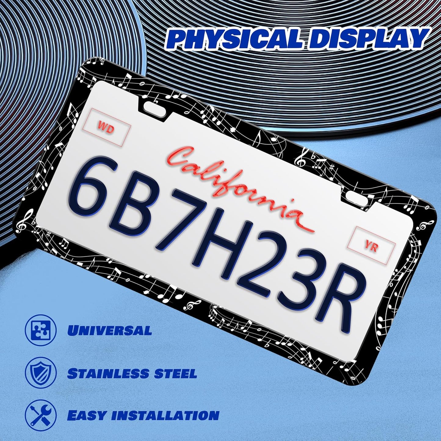 Music Notes License Plate Frame Sheet Music License Plate Frames Personalise Stainless Steel Funny Design Compatible with Standard License Plate Holder for USA Canada 6 X 12 Inch 2 Holes with Screws
