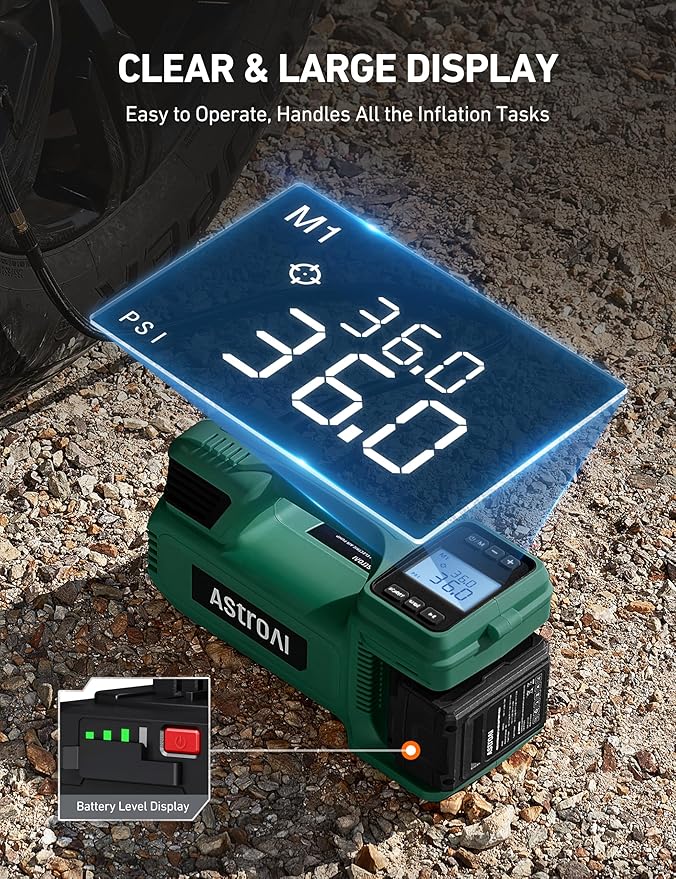 AstroAI TC4 Portable Air Compressor Tire Inflator, 470W 18 V Cordless Air Pump for Truck Tires with 4000mAh Battery, 150PSI Heavy Duty Air Compressor with Digital Display for Car, RVs, SUV Gift Green