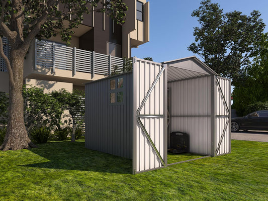 Motorcycle Steel Storage Shed with Window,Outdoor Weather-Resistant Storage Box for Bikes, Tools, Sports Equipment,Easy Assembly, No Tracks or Fixtures Needed, 121" W Gray