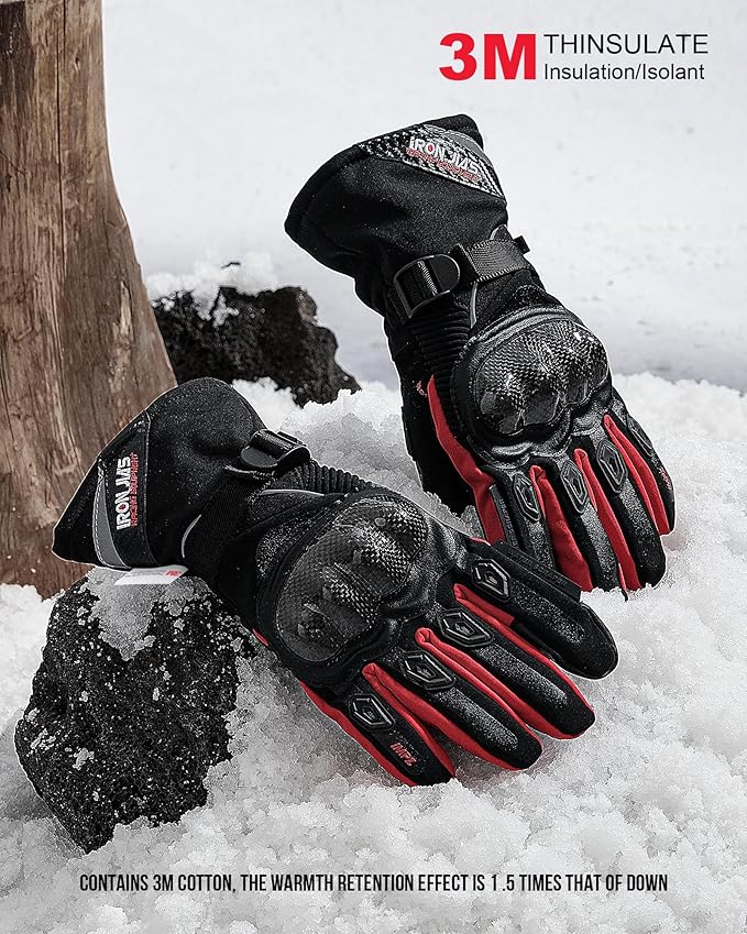 BORLENI Winter Motorcycle Gloves for Men, CE Level 1 KP Protection, Touchscreen Windproof Waterproof Warm Riding Gloves with Carbon Fiber Shell for Cold Weather