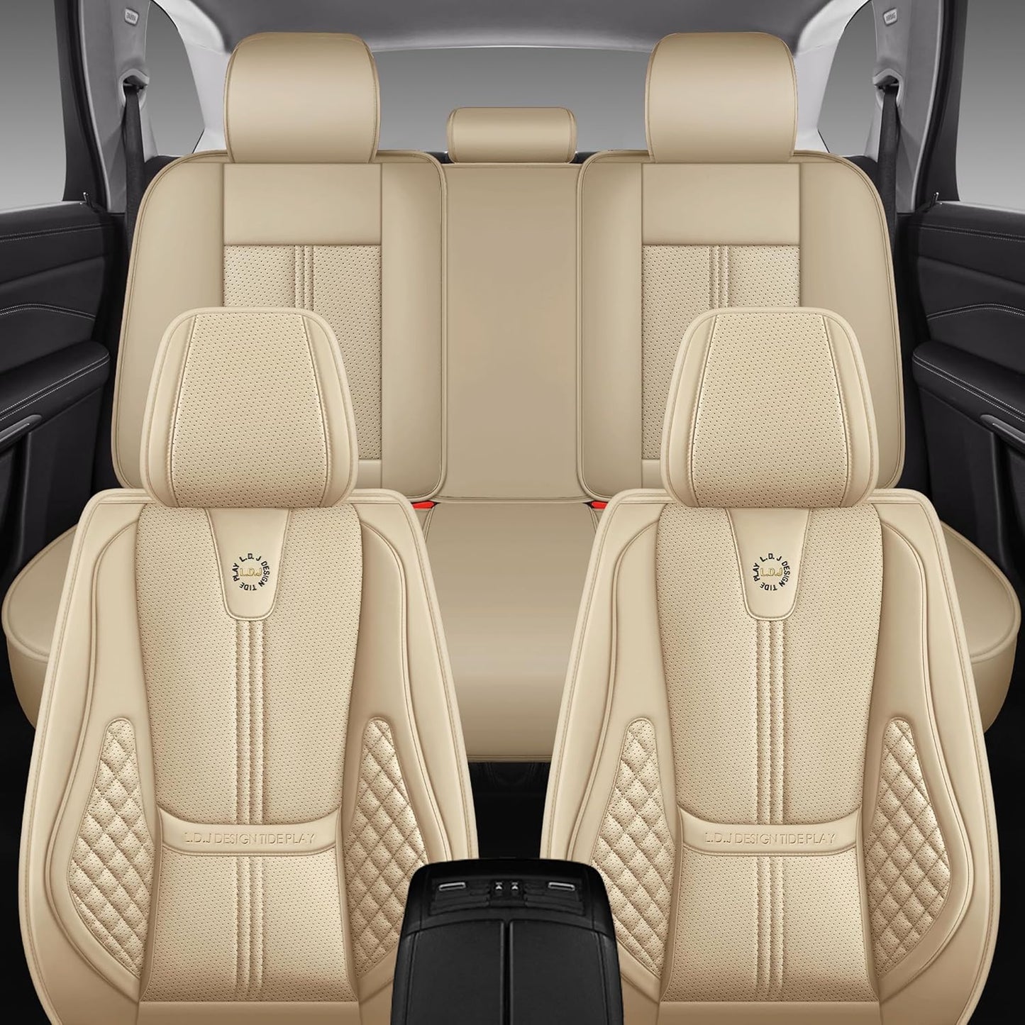 Car Seat Covers Front Only, Black Seat Cover for Cars Compatible Airbag, Easy Install Luxury Leather Automotive Seat Covers with Lumbar Support, for Car, Truck, SUV, Beige