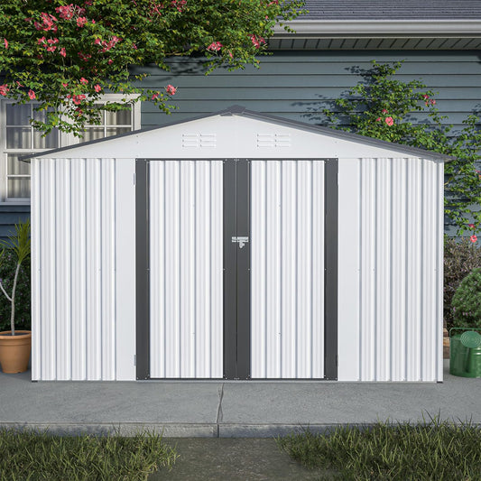 10X8 FT Outdoor Tool Storage Shed with Metal Foundation & Lockable Doors, All Weather Metal Sheds for Garden, Patio, Backyard, Lawn