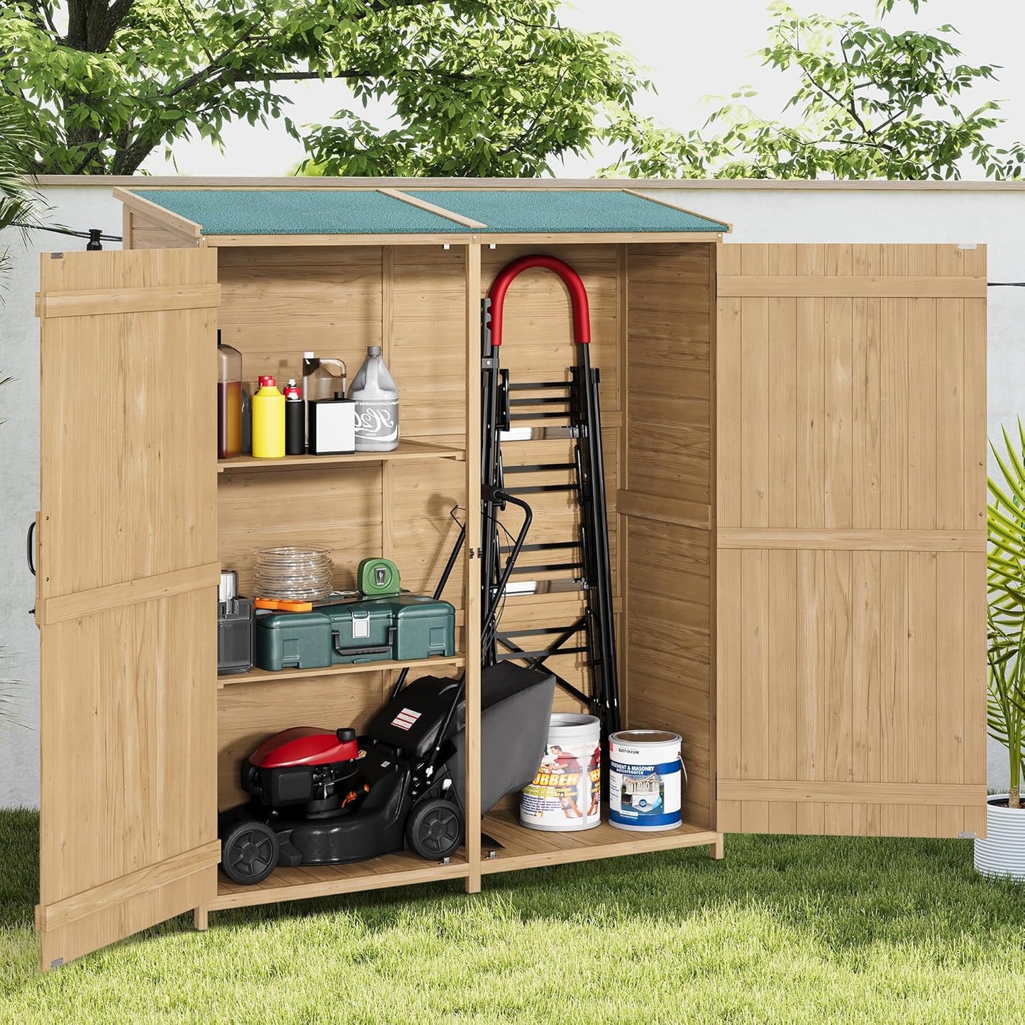 Wooden Outdoor Storage Cabinet, 64" Vertical Tall Garden Tool Shed with Waterproof Sloped Roof, Lockable Double Doors, Removable Shelves, Utility Tool Organizer for Patio, Backyard, Lawn Equipment